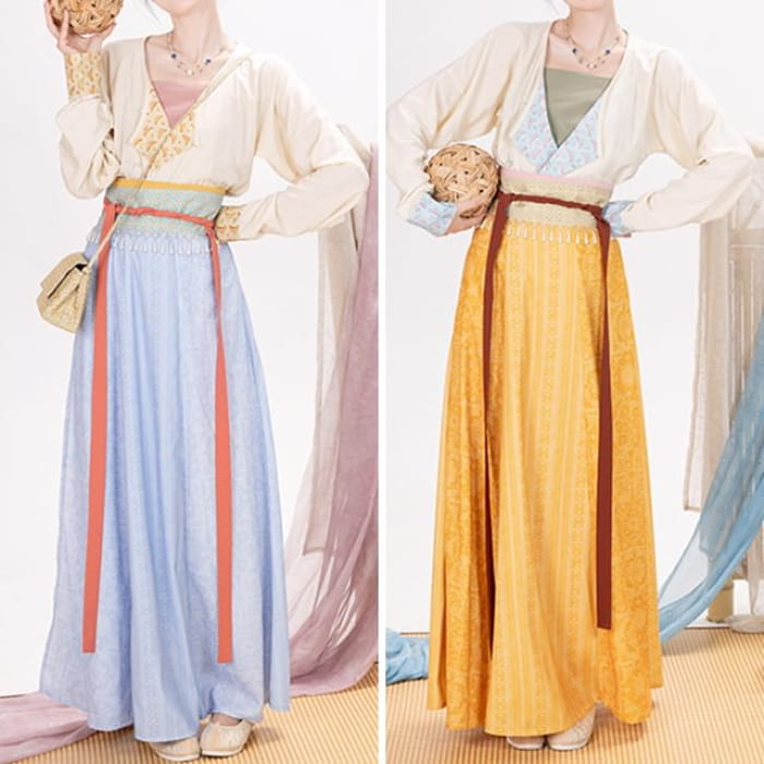 Long-Sleeve Hanfu Wrap Top / Camisole / Maxi A-Line Skirt