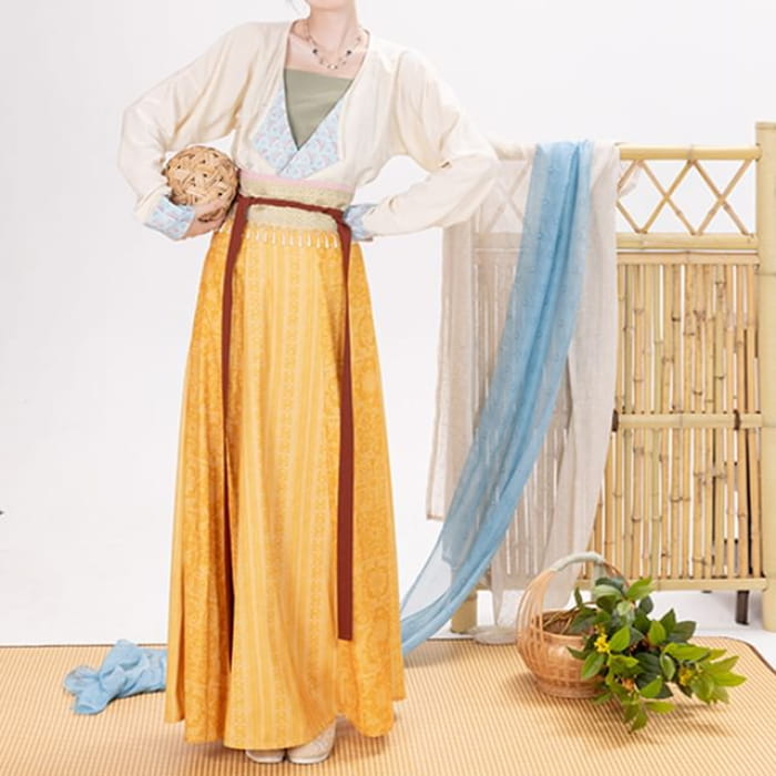 Long-Sleeve Hanfu Wrap Top / Camisole / Maxi A-Line Skirt