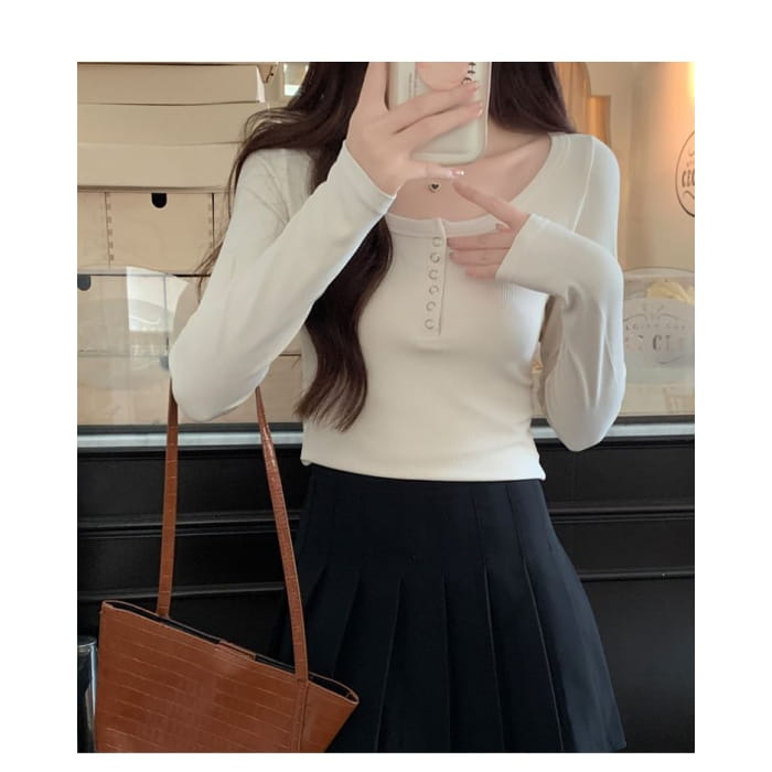 Long-Sleeve Henley Ribbed Crop Slim Fit T-Shirt