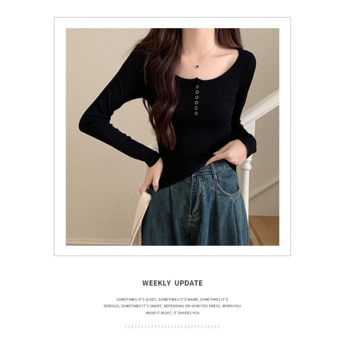 Long-Sleeve Henley Ribbed Crop Slim Fit T-Shirt