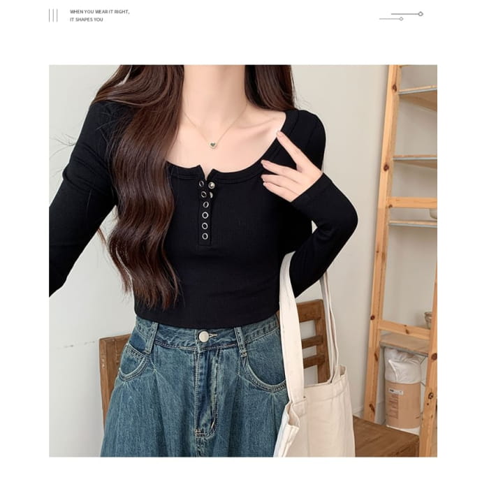 Long-Sleeve Henley Ribbed Crop Slim Fit T-Shirt