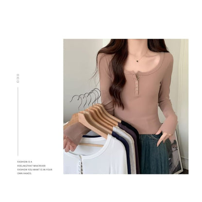 Long-Sleeve Henley Ribbed Crop Slim Fit T-Shirt