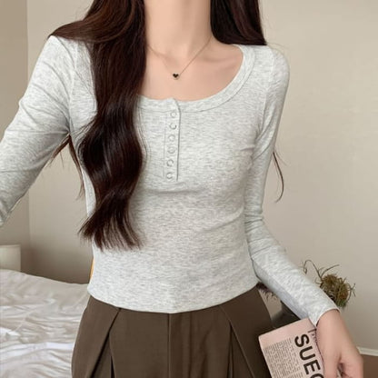 Long-Sleeve Henley Ribbed Crop Slim Fit T-Shirt - Light