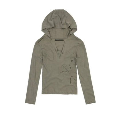 Long-Sleeve Hooded Stitching T-Shirt - Grayish Green / S