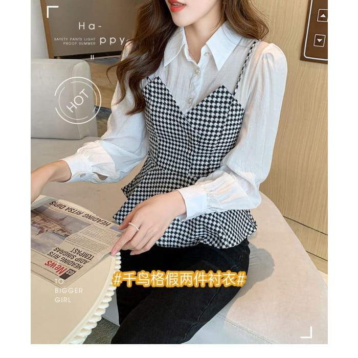 Long Sleeve Houndstooth Panel Mock Two Piece Top