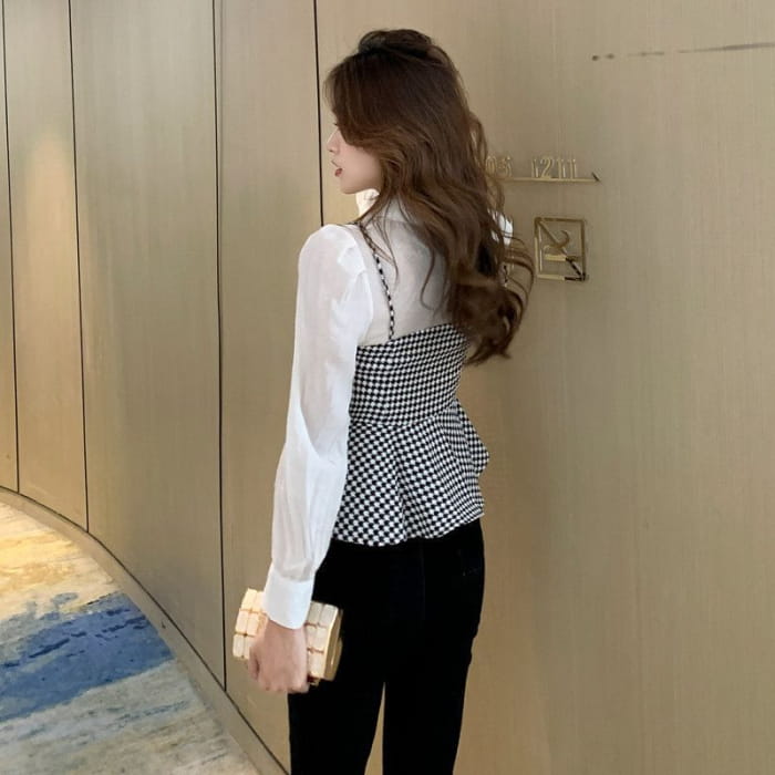 Long Sleeve Houndstooth Panel Mock Two Piece Top