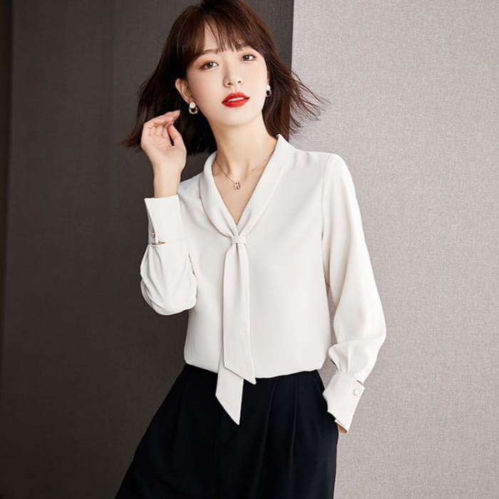 Long Sleeve Knotted Neck Chiffon Blouse