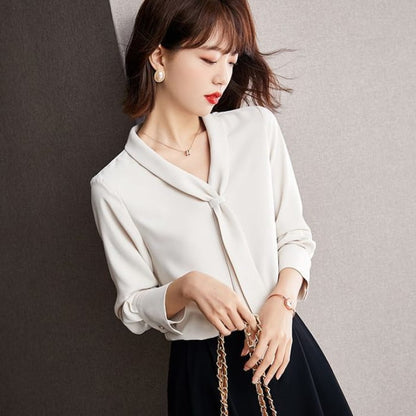 Long Sleeve Knotted Neck Chiffon Blouse