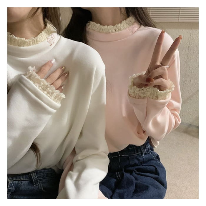 Long-Sleeve Lace Trim High Neck Tee