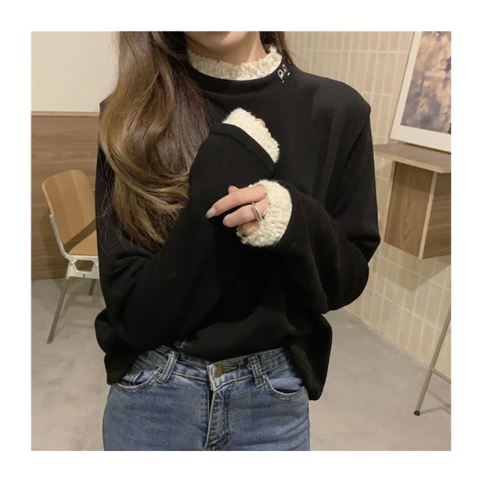 Long-Sleeve Lace Trim High Neck Tee