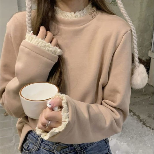 Long-Sleeve Lace Trim High Neck Tee