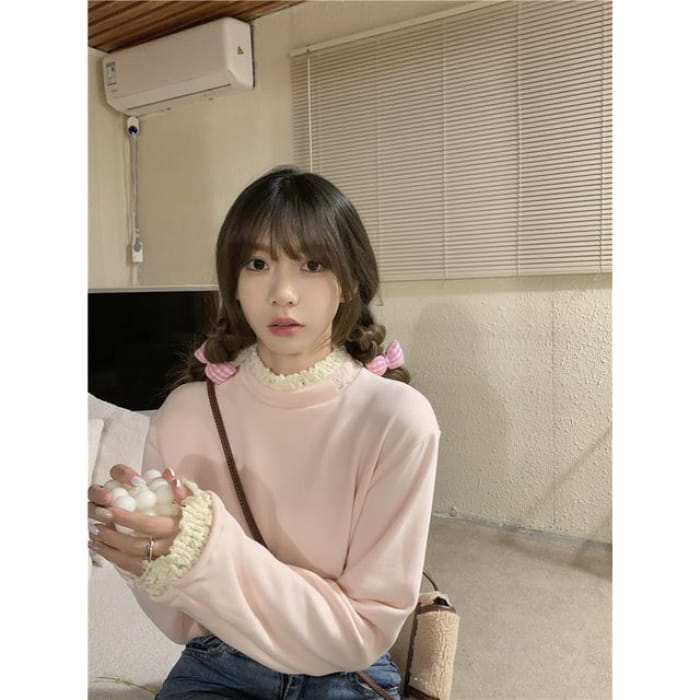 Long-Sleeve Lace Trim High Neck Tee - Light Pink / S