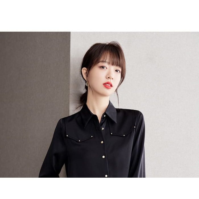 Long Sleeve Lapel Neck Plain Studded Shirt