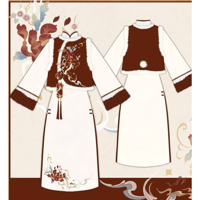 Long-Sleeve Lolita Floral Embroidered A-Line Qipao / Round