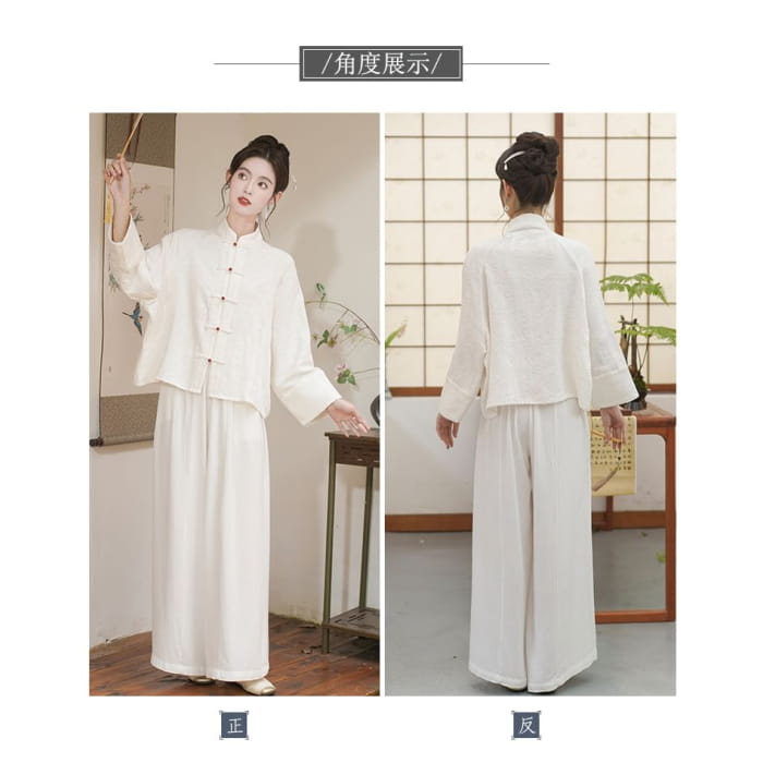 Long Sleeve Mandarin Collar Floral Hanfu Shirt / Mid Rise