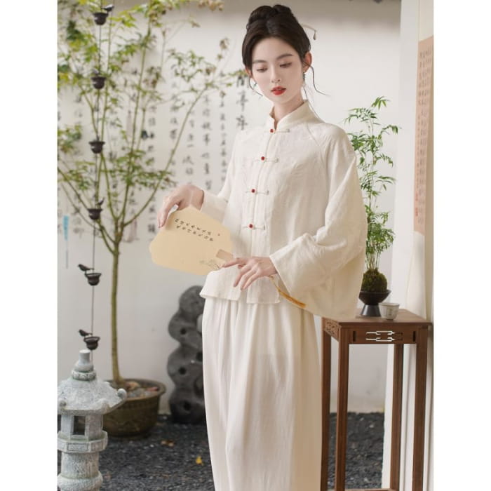 Long Sleeve Mandarin Collar Floral Hanfu Shirt / Mid Rise