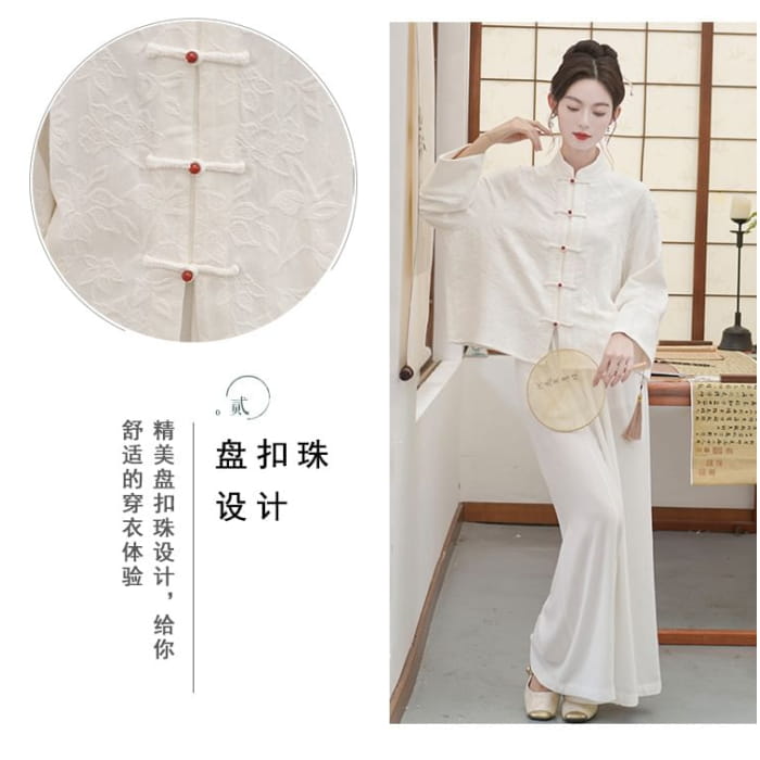 Long Sleeve Mandarin Collar Floral Hanfu Shirt / Mid Rise