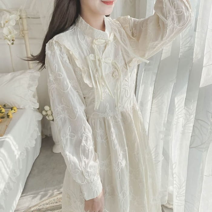 Long-Sleeve Mandarin Collar Plain Ruffle Frog Closure Midi