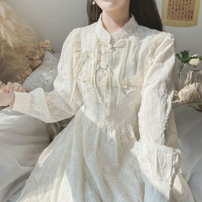 Long-Sleeve Mandarin Collar Plain Ruffle Frog Closure Midi