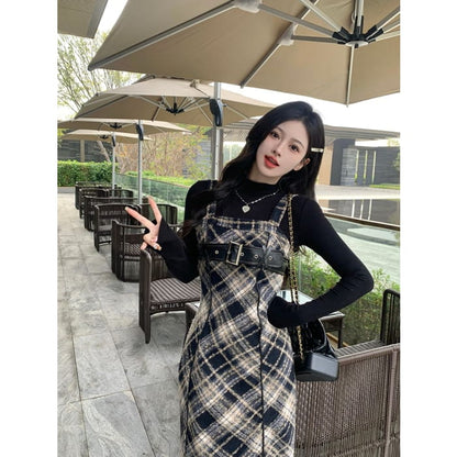 Long-Sleeve Mock Neck Knit Top / Plaid Midi Dungaree Dress