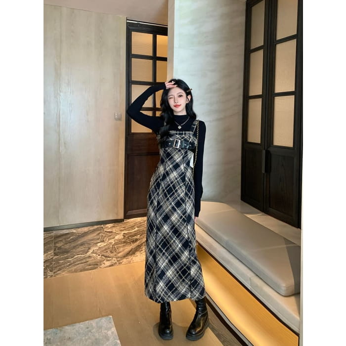 Long-Sleeve Mock Neck Knit Top / Plaid Midi Dungaree Dress