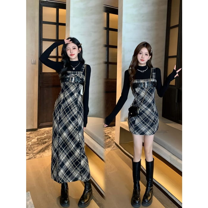 Long-Sleeve Mock Neck Knit Top / Plaid Midi Dungaree Dress