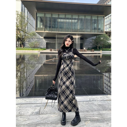 Long-Sleeve Mock Neck Knit Top / Plaid Midi Dungaree Dress