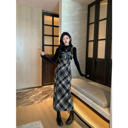 Long-Sleeve Mock Neck Knit Top / Plaid Midi Dungaree Dress