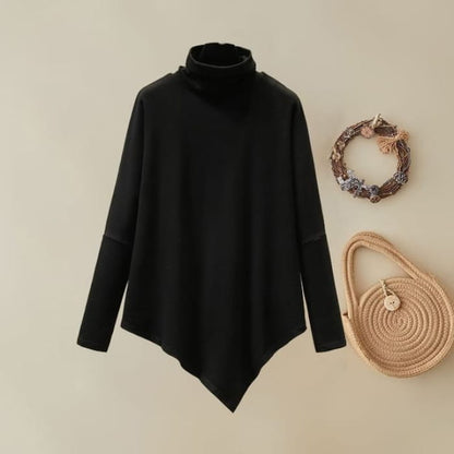 Long Sleeve Mock Neck Plain Asymmetrical Hem Knit Top