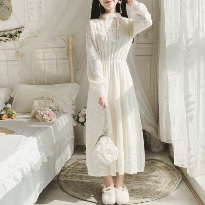 Long-Sleeve Mock Neck Plain Lace Panel Midi A-Line Dress