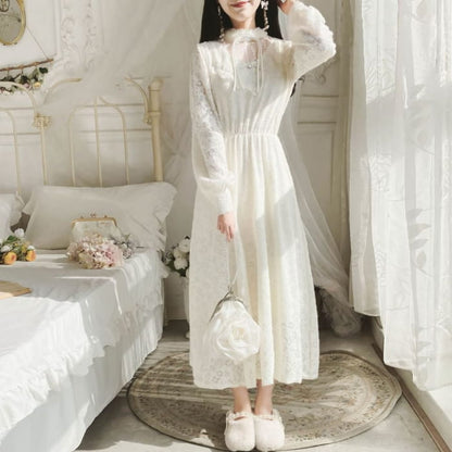 Long-Sleeve Mock Neck Plain Lace Panel Midi A-Line Dress