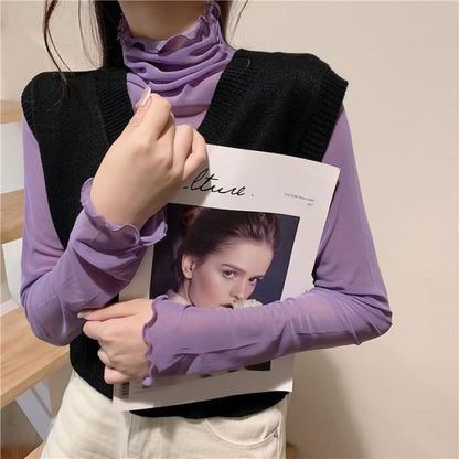 Long-Sleeve Mock Neck Plain Sheer Top