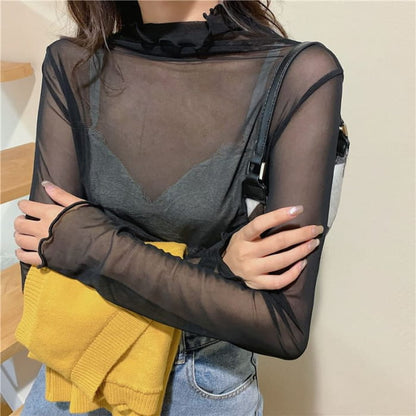 Long-Sleeve Mock Neck Plain Sheer Top