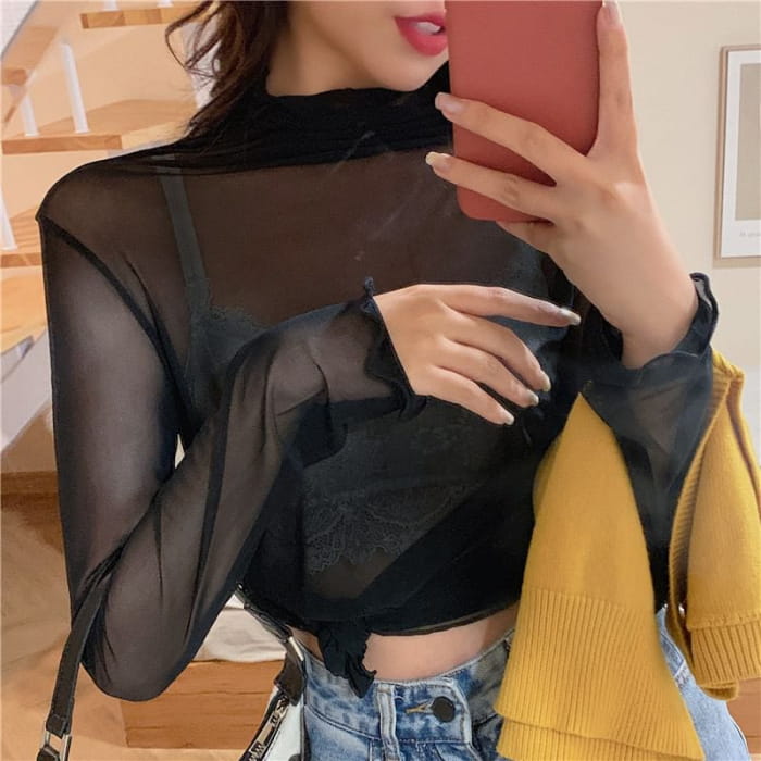 Long-Sleeve Mock Neck Plain Sheer Top