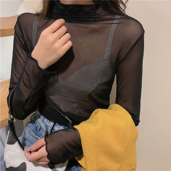 Long-Sleeve Mock Neck Plain Sheer Top