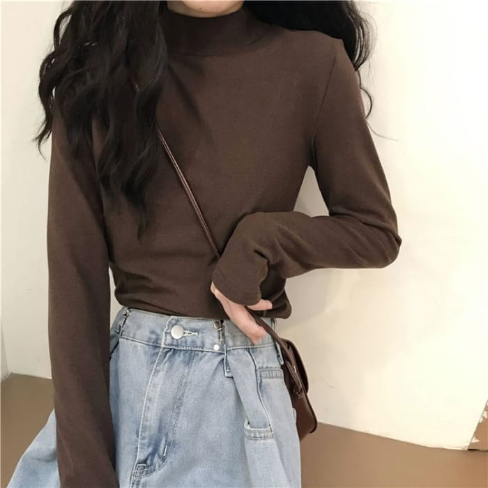 Long-Sleeve Mock Neck Plain T-Shirt - Clothing