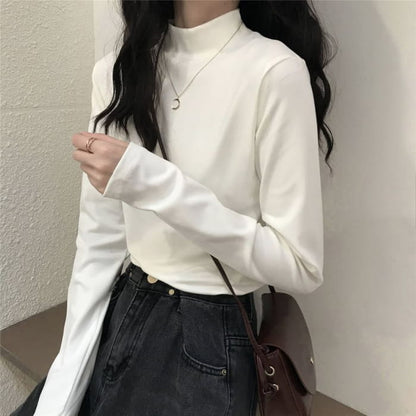 Long-Sleeve Mock Neck Plain T-Shirt - Clothing