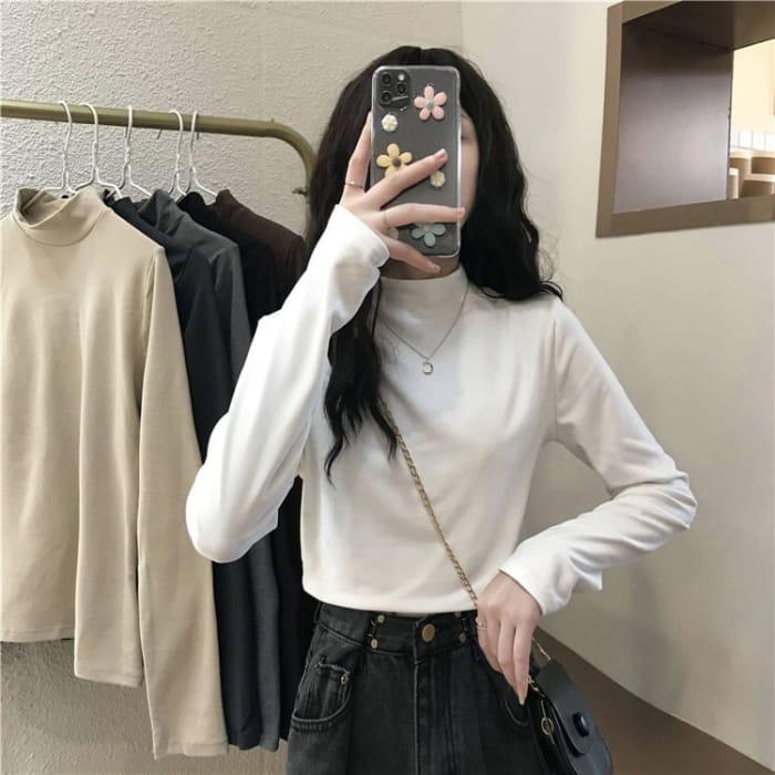 Long-Sleeve Mock Neck Plain T-Shirt - Clothing