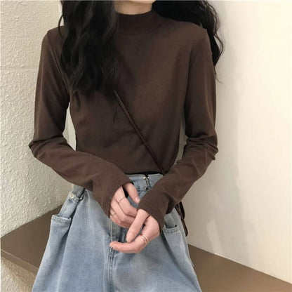 Long-Sleeve Mock Neck Plain T-Shirt - Clothing