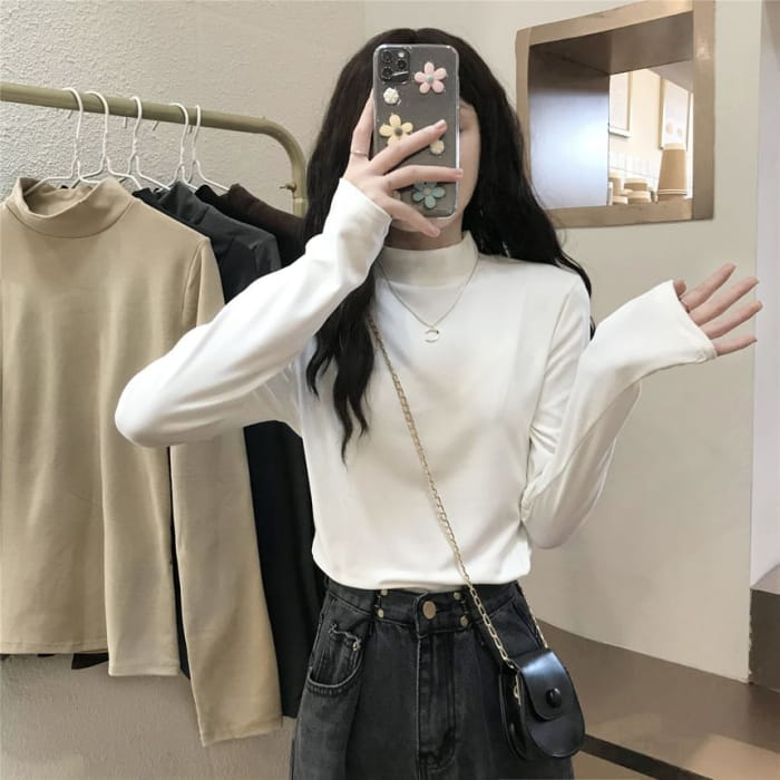 Long-Sleeve Mock Neck Plain T-Shirt - Clothing