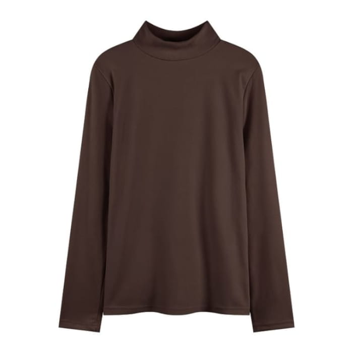 Long-Sleeve Mock Neck Plain T-Shirt - Coffee / M - Clothing