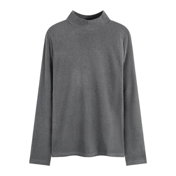 Long-Sleeve Mock Neck Plain T-Shirt - Light Gray / M