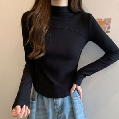 Long-Sleeve Mock Neck Plain Top - Black / S - Clothing