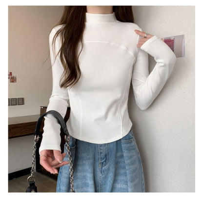 Long-Sleeve Mock Neck Plain Top - Clothing