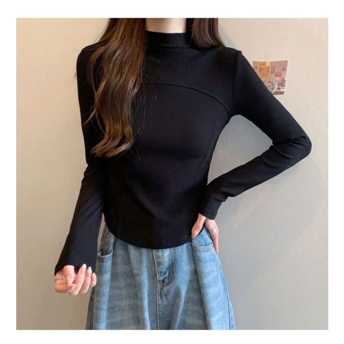 Long-Sleeve Mock Neck Plain Top - Clothing