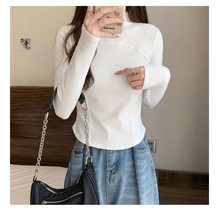 Long-Sleeve Mock Neck Plain Top - Clothing