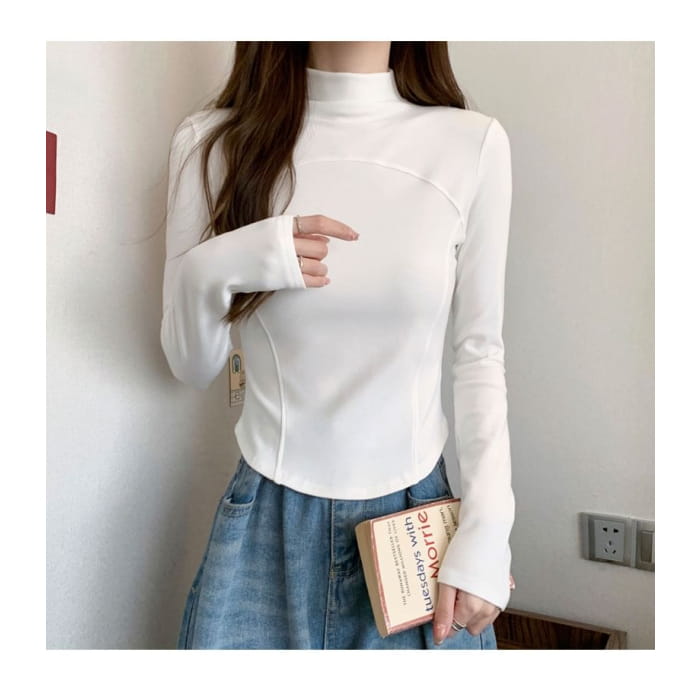 Long-Sleeve Mock Neck Plain Top - Clothing