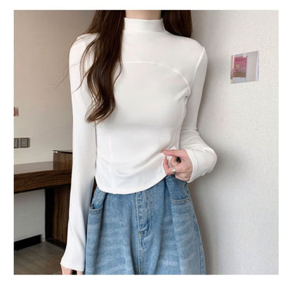 Long-Sleeve Mock Neck Plain Top - Clothing