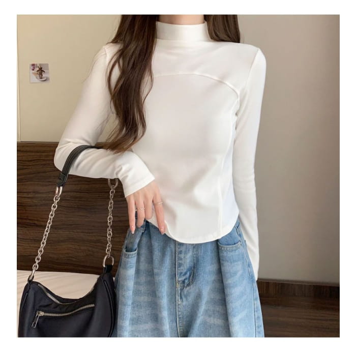 Long-Sleeve Mock Neck Plain Top - Clothing