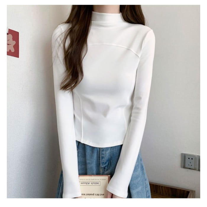 Long-Sleeve Mock Neck Plain Top - Clothing